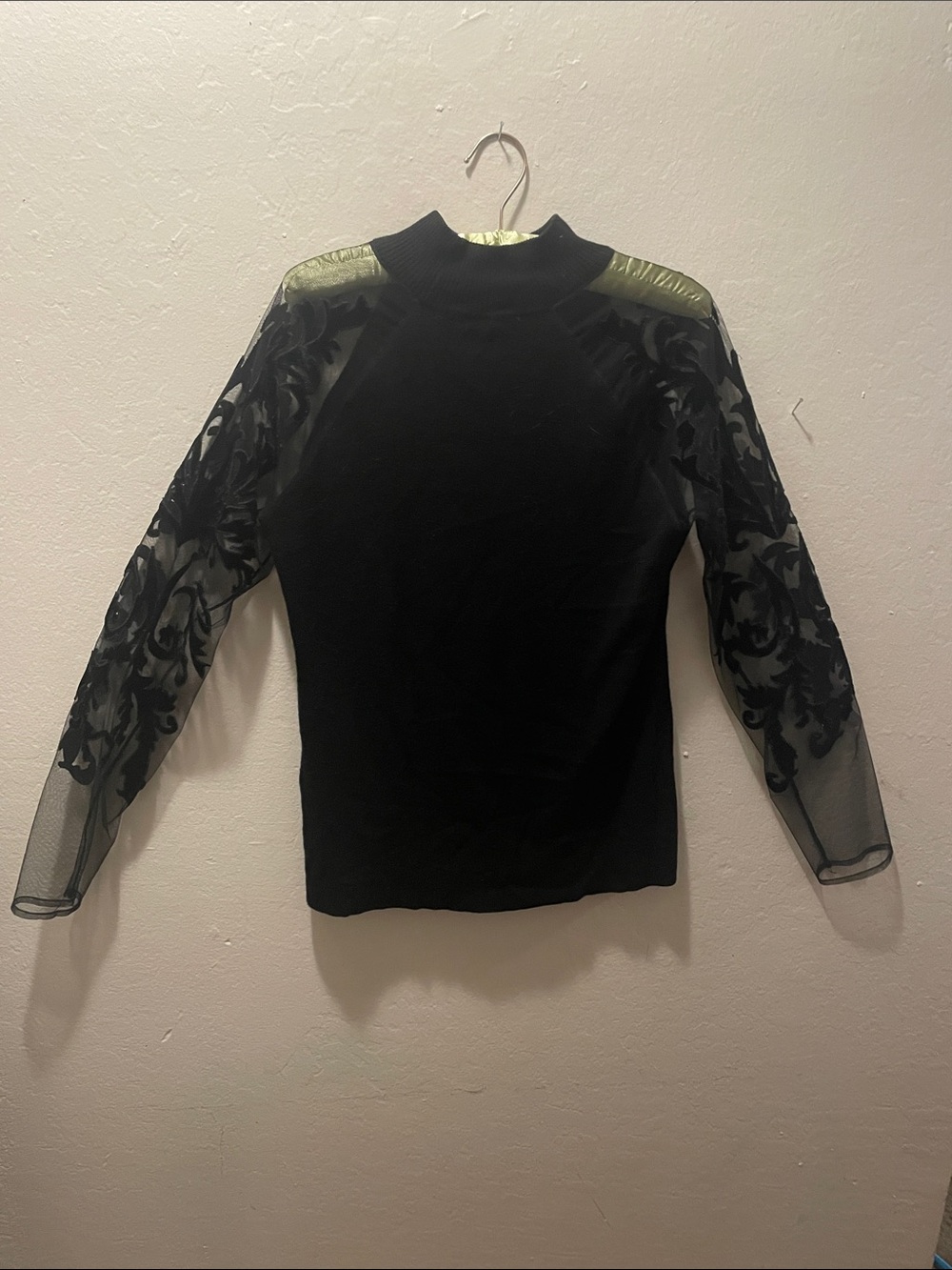 Sheer Embroidered Sleeve Black Mock Neck Sweater Top